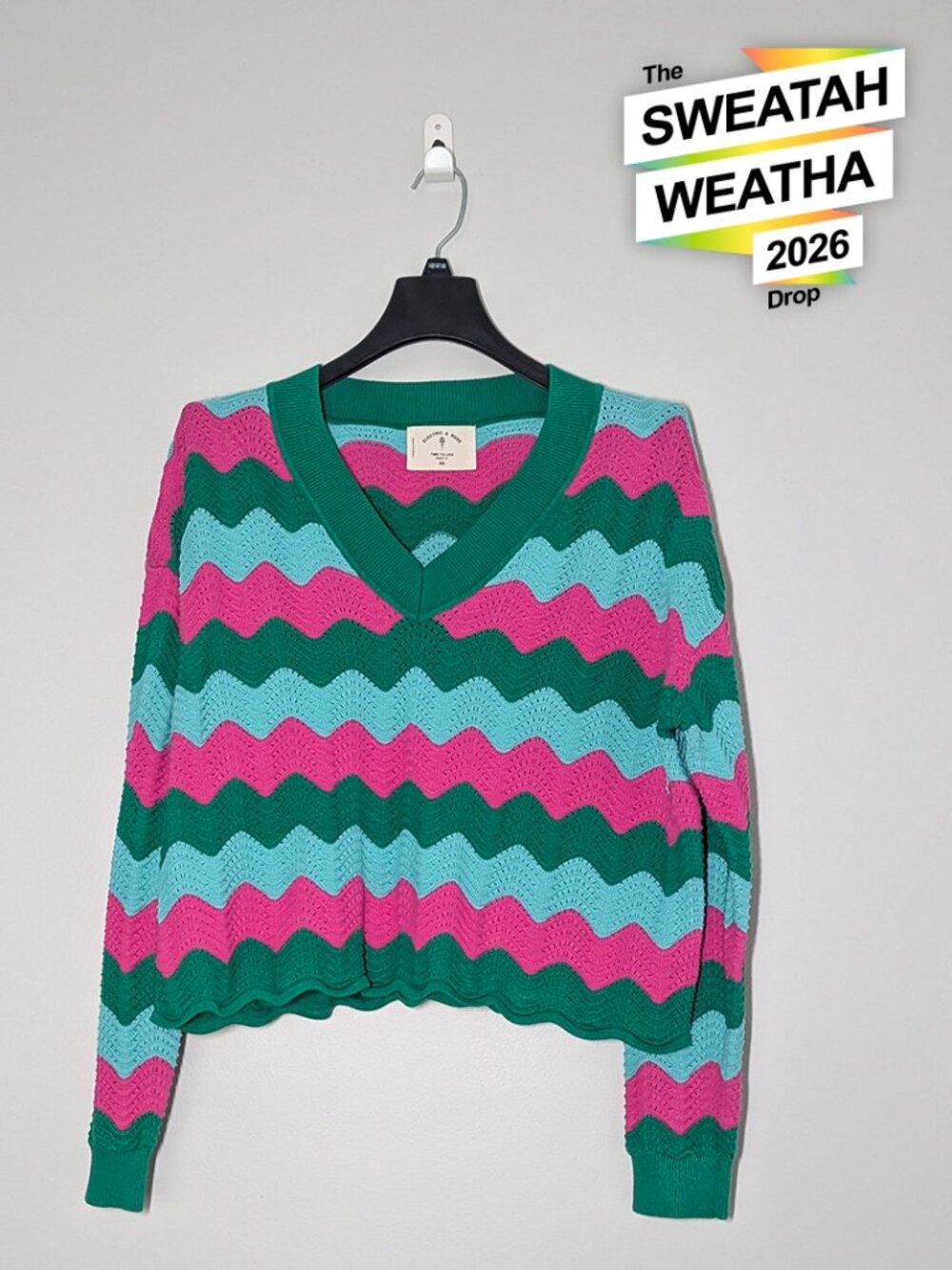 Electric & Rose Wave Stripe Pointelle Sweater Pink Green XS Boho Preppy Tennis